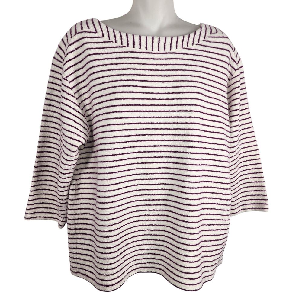 Chico's Weekends Womens Sweatshirt Striped Terry 3/4 Sleeve Pullover Textured L